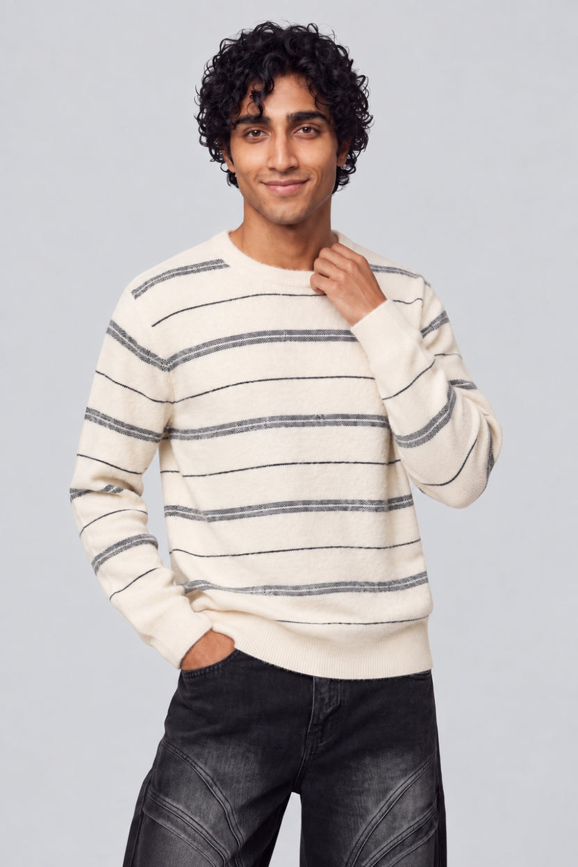 Mens Off White Striped Crew Neck Sweater - Image 2