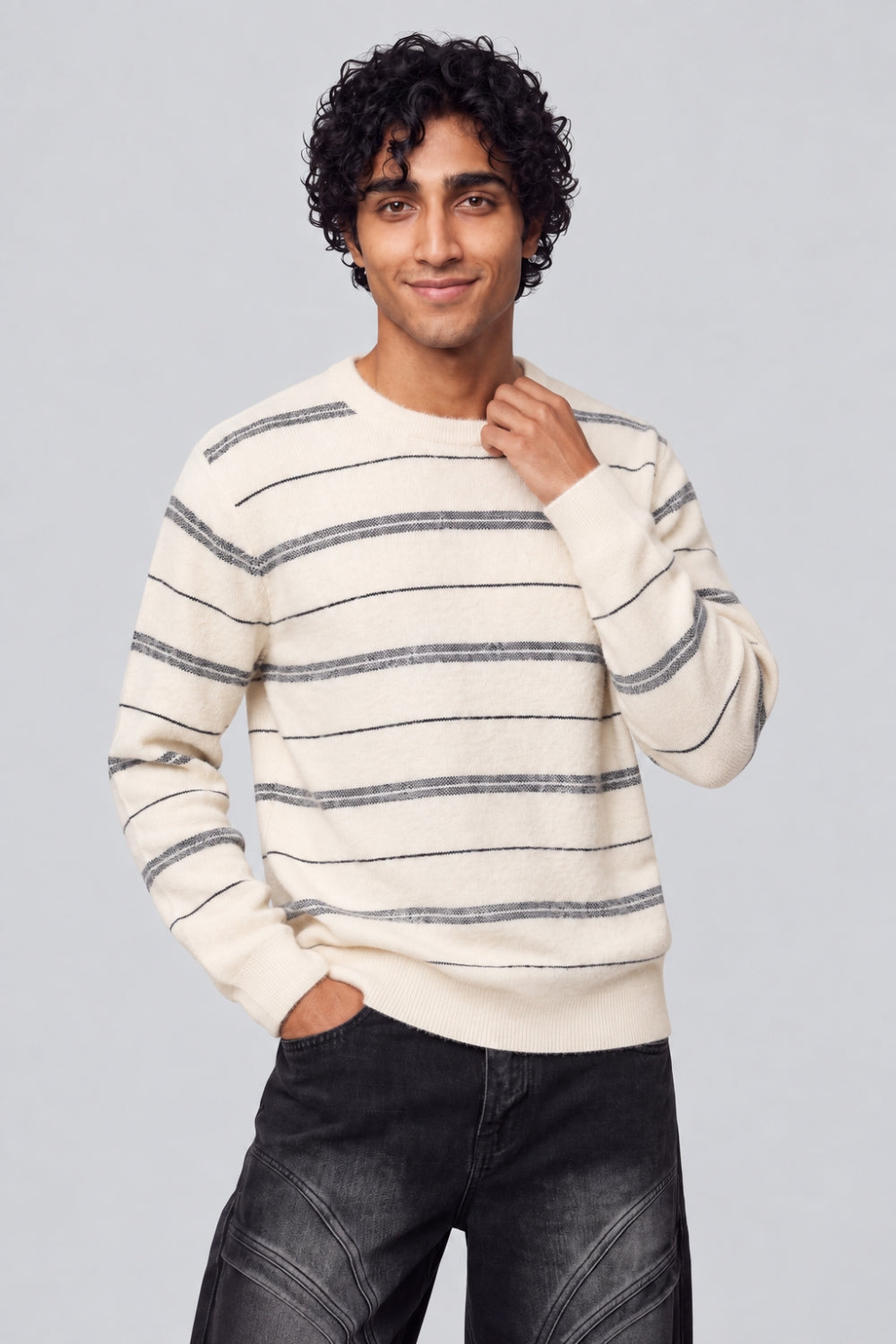 Mens Off White Striped Crew Neck Sweater - Image 2