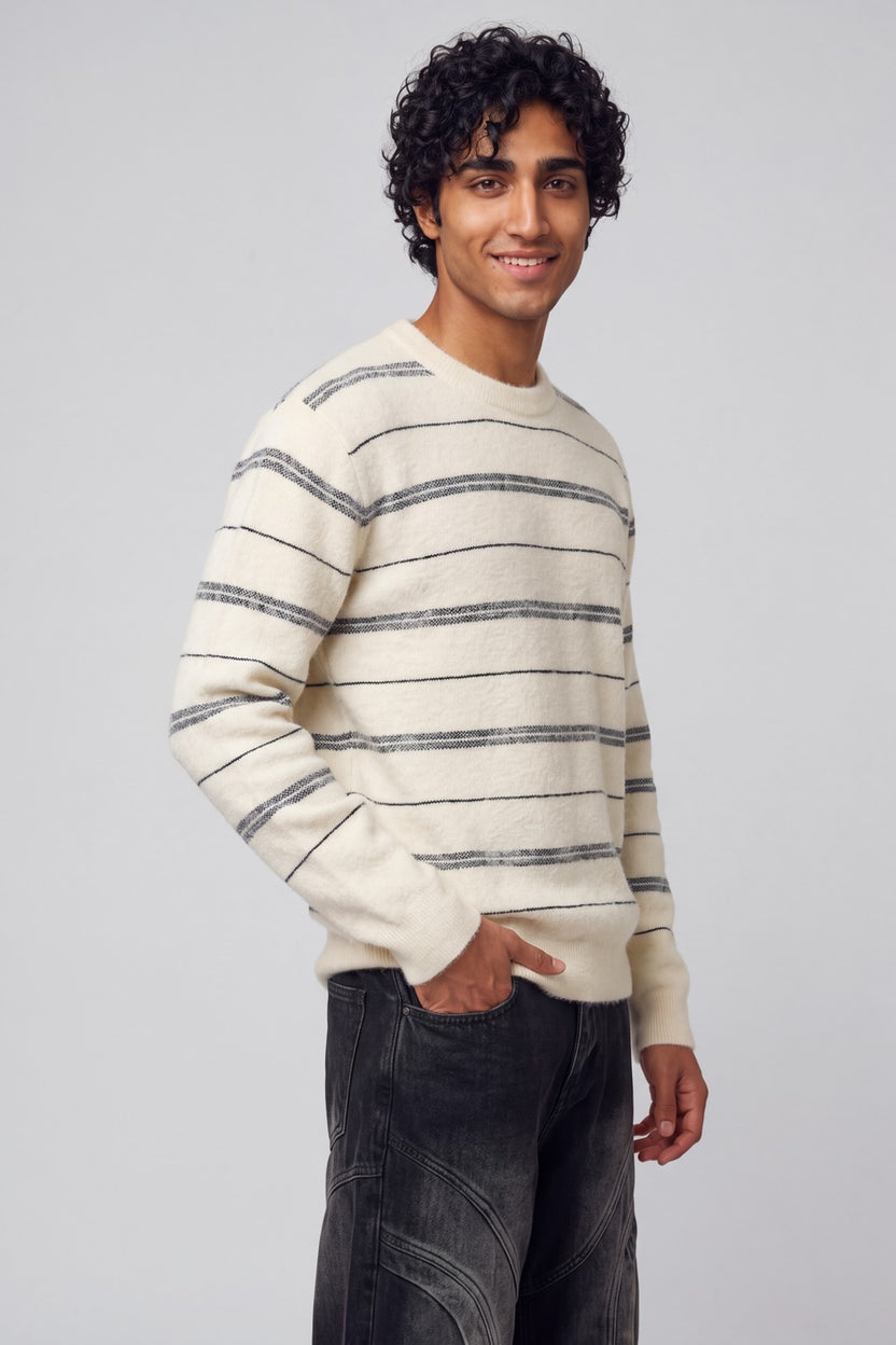 Mens Off White Striped Crew Neck Sweater - Image 4