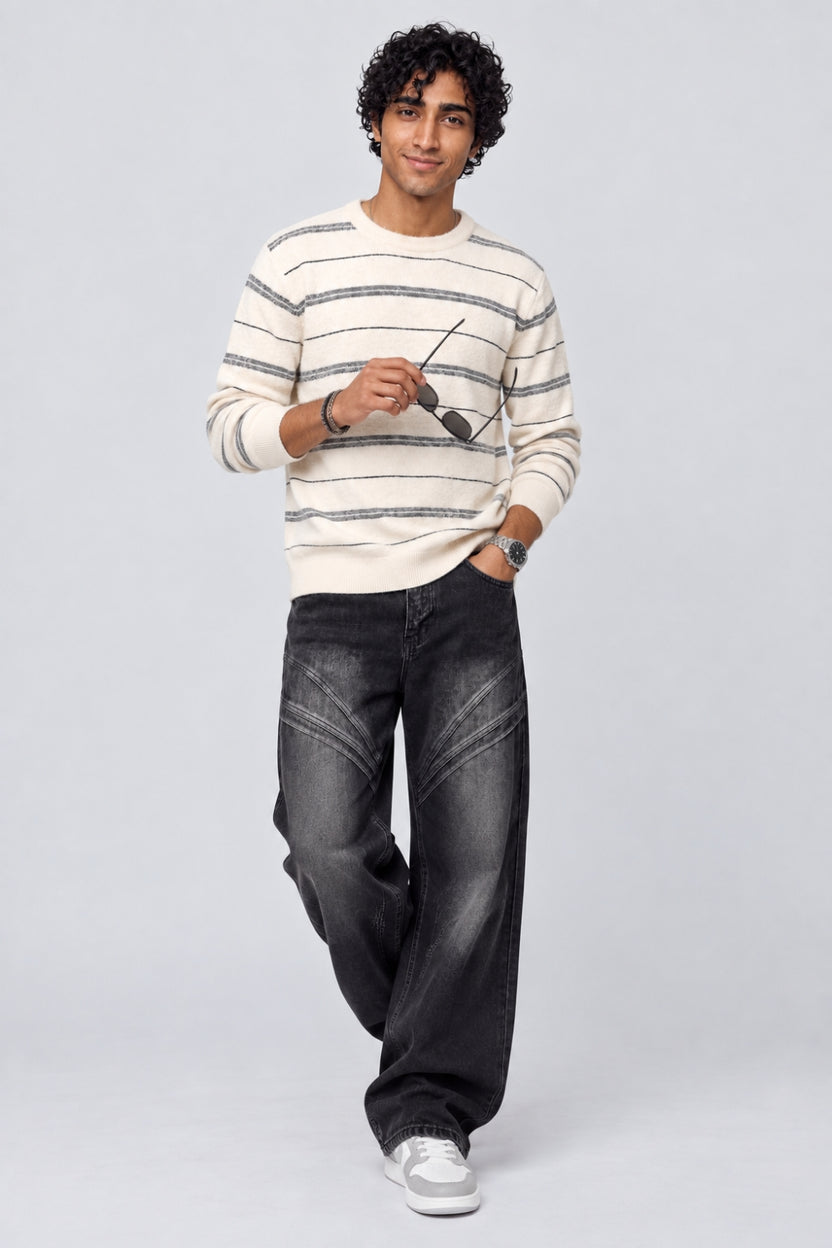 Mens Off White Striped Crew Neck Sweater - Image 6