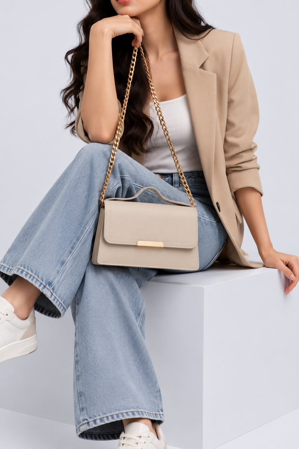 Womens Cream Chain Strap Flap Sling Bag - Image 1