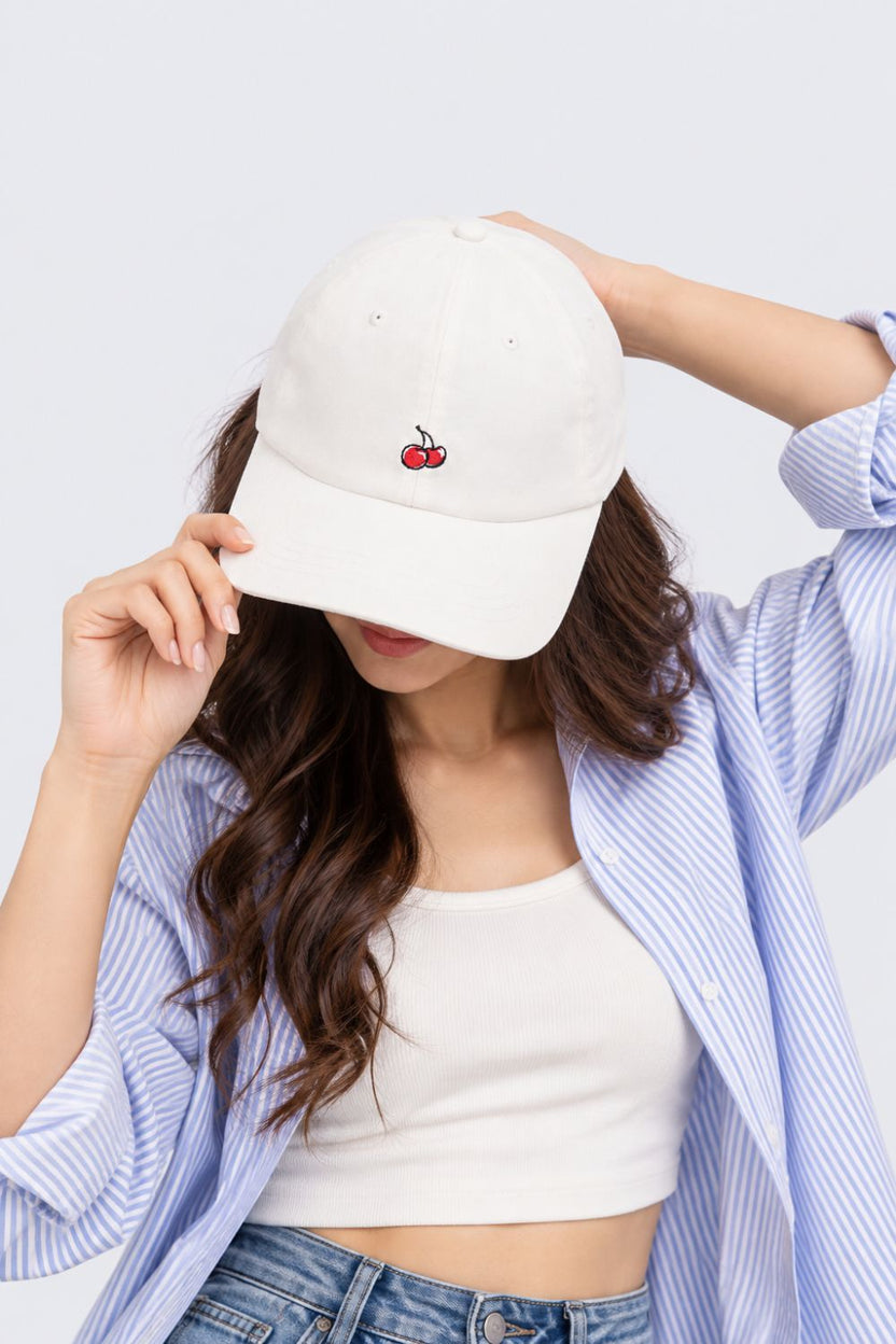 Womens White Cherry Embroidered Cap - Image 1