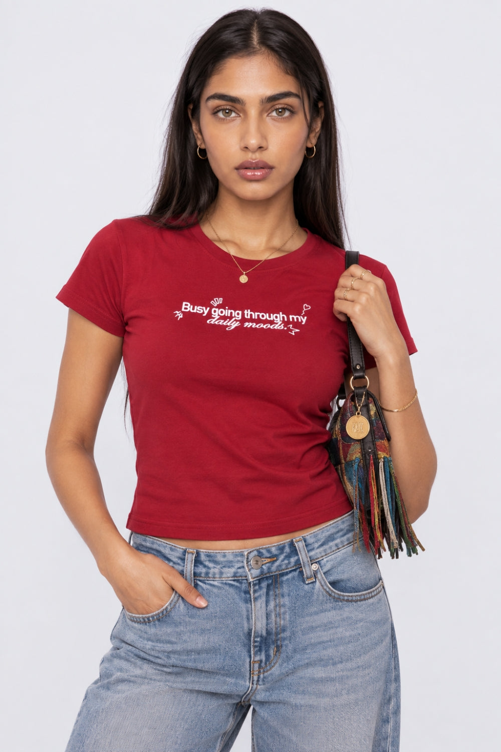 Womens Red Slogan Print Crop T-Shirt - Image 1
