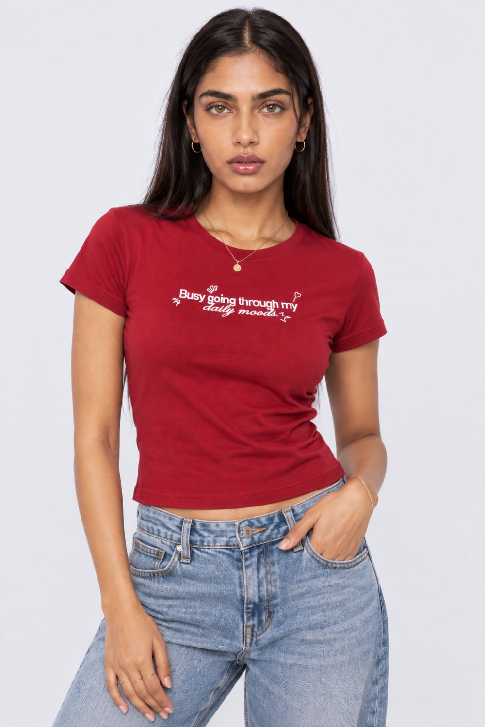 Womens Red Slogan Print Crop T-Shirt - Image 2