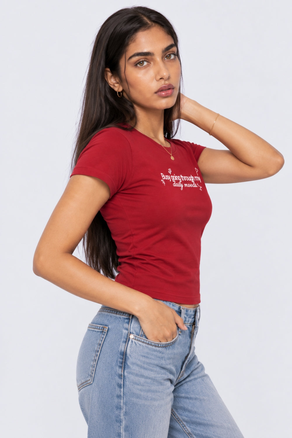Womens Red Slogan Print Crop T-Shirt - Image 4