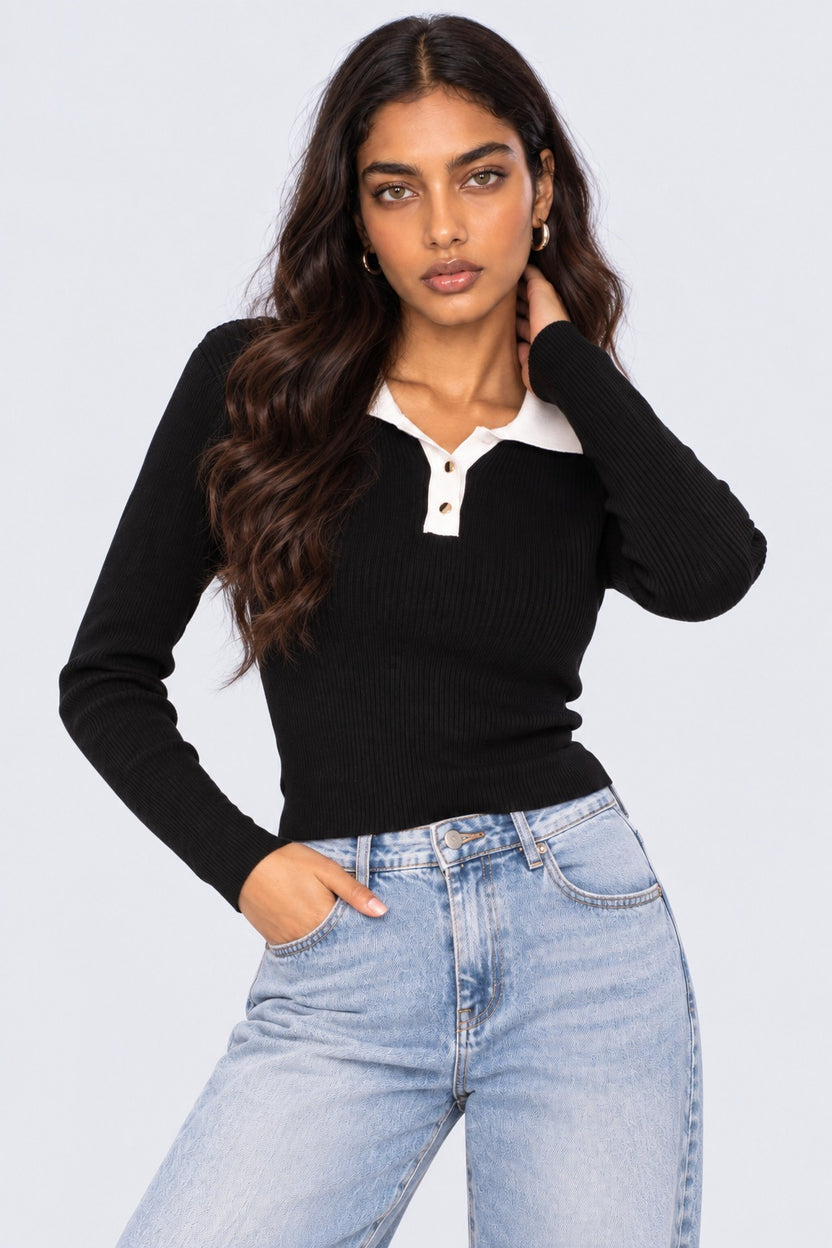 Womens Black Ribbed Polo Neck Top - Image 2