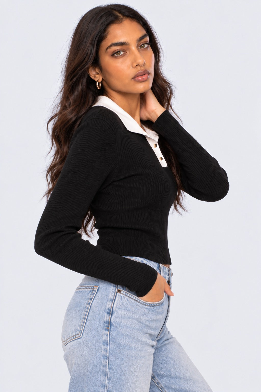 Womens Black Ribbed Polo Neck Top - Image 4