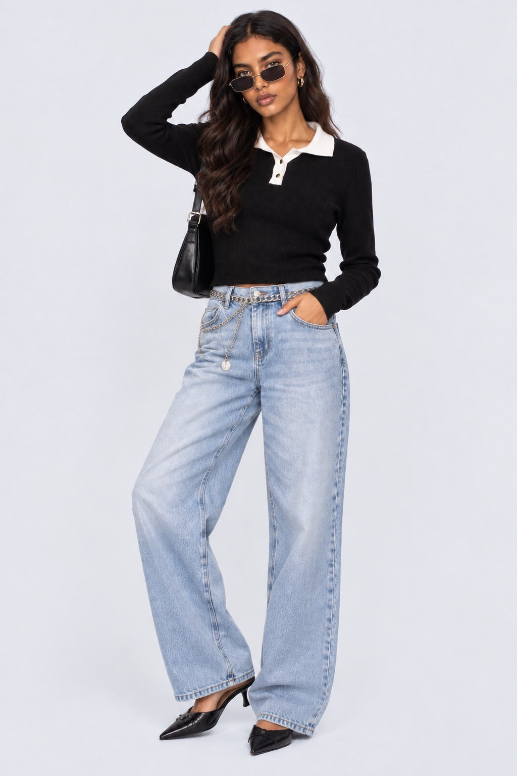 Womens Black Ribbed Polo Neck Top - Image 6