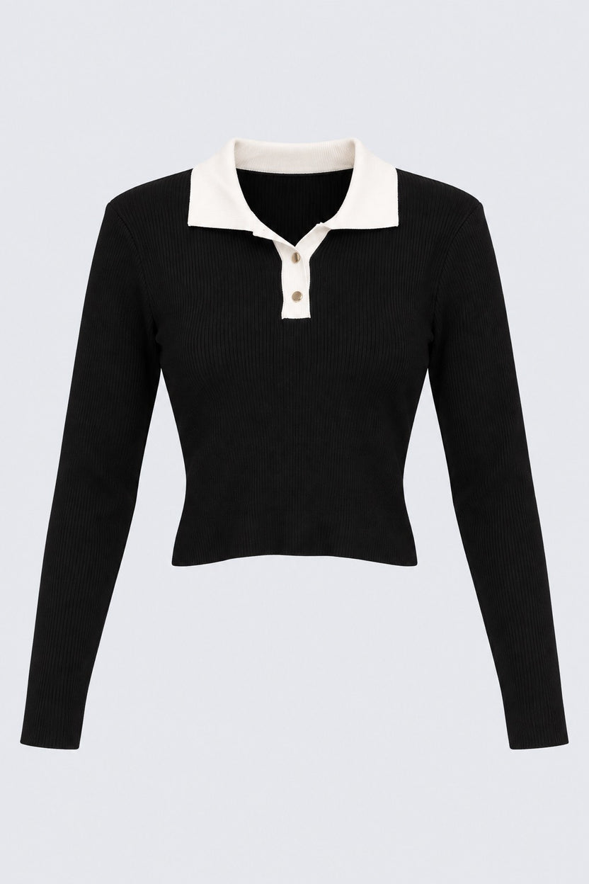 Womens Black Ribbed Polo Neck Top - Image 7