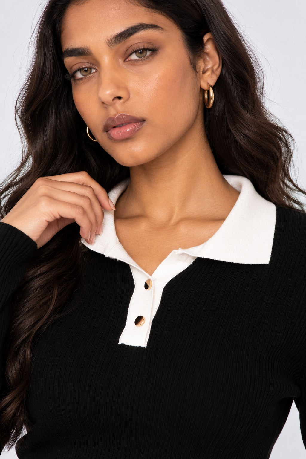 Womens Black Ribbed Polo Neck Top - Image 9