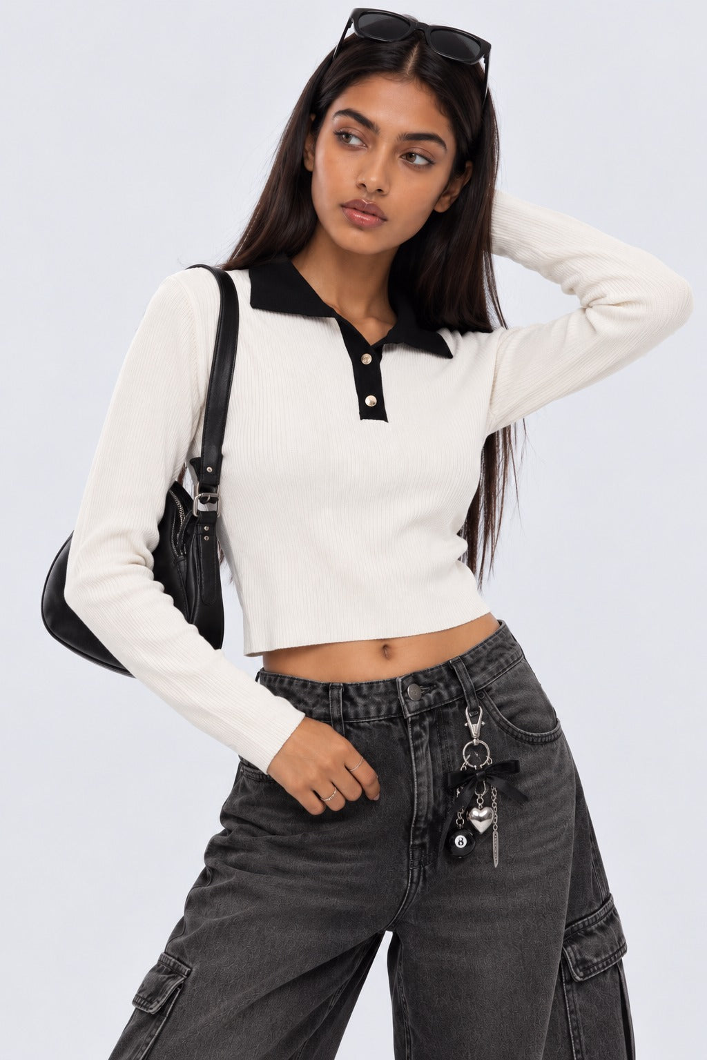 Womens White Ribbed Polo Neck Top - Image 1