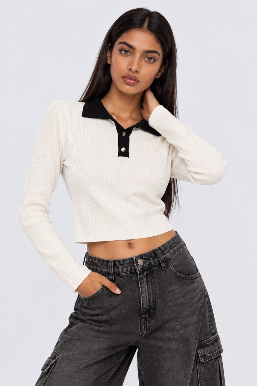 Womens White Ribbed Polo Neck Top - Image 2