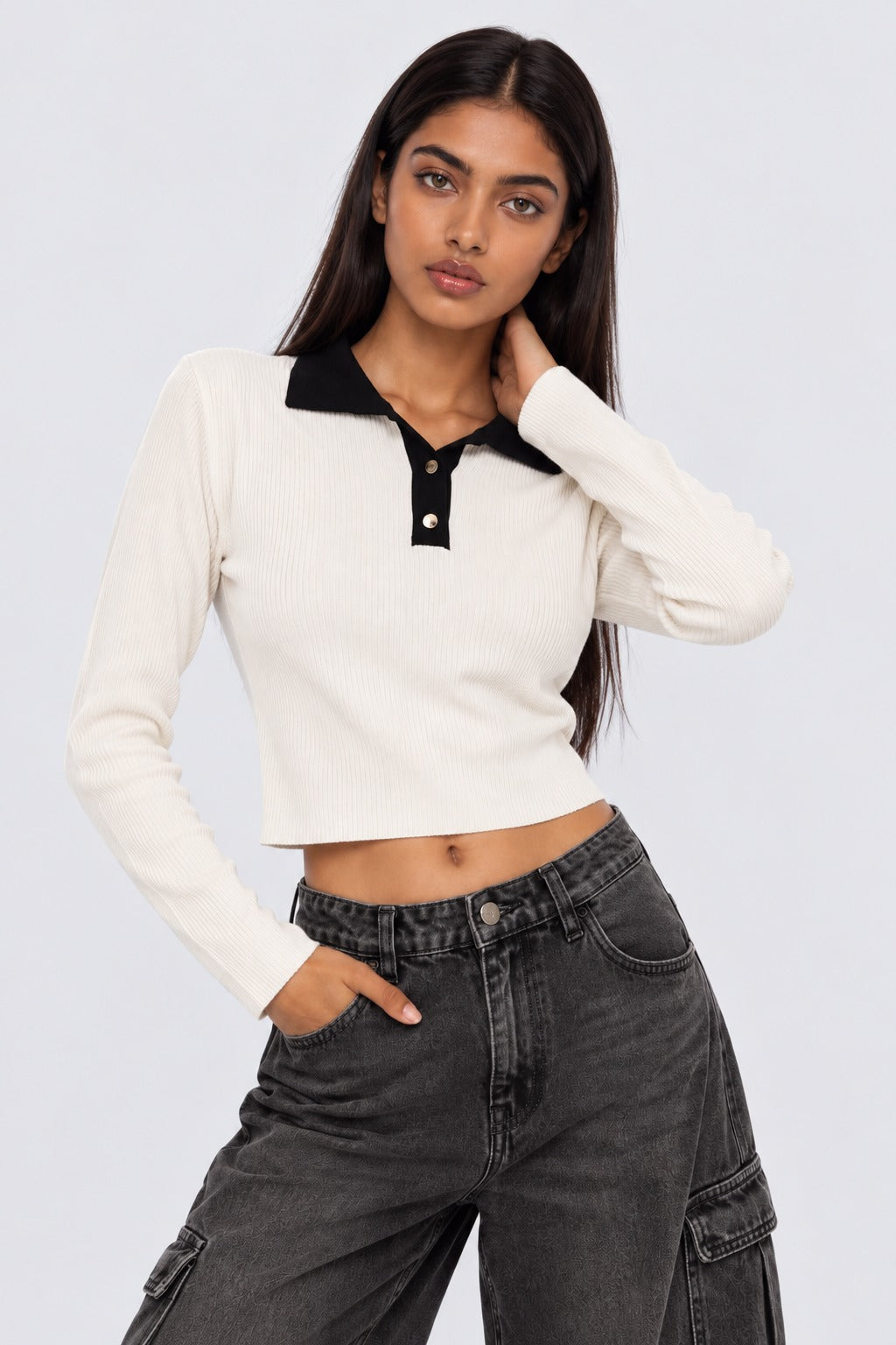 Womens White Ribbed Polo Neck Top - Image 2