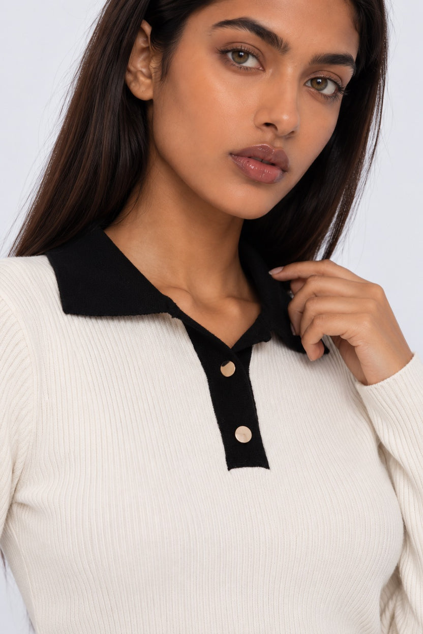 Womens White Ribbed Polo Neck Top - Image 3