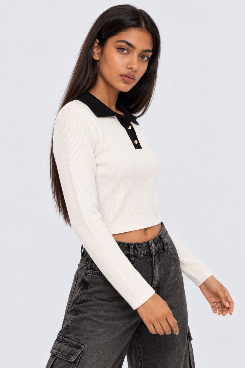 Womens White Ribbed Polo Neck Top - Image 4