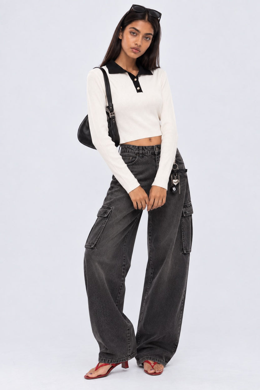 Womens White Ribbed Polo Neck Top - Image 6