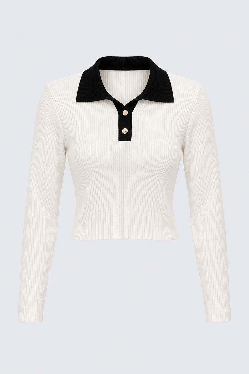 Womens White Ribbed Polo Neck Top - Image 7