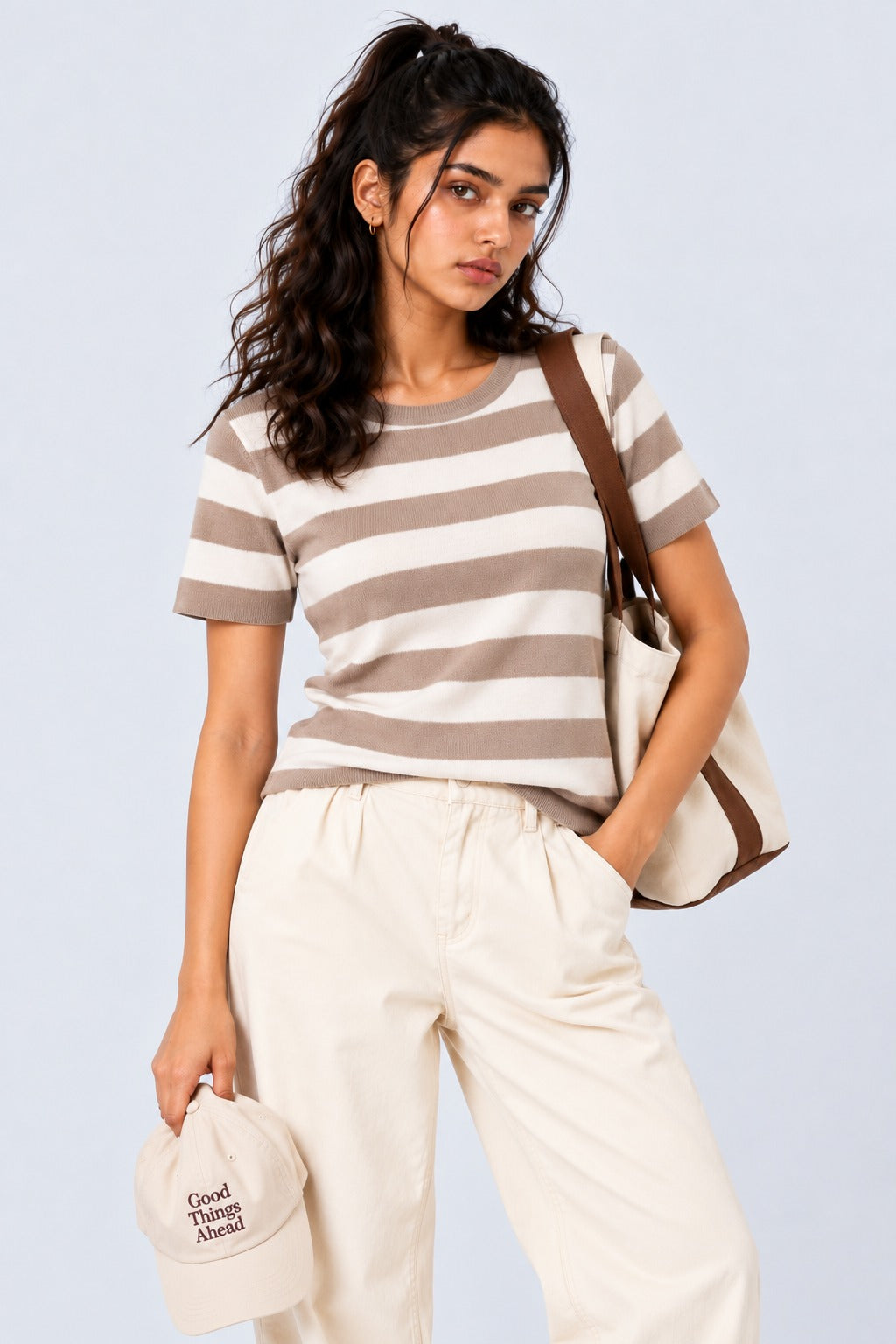 Womens Beige Striped T-Shirt - Image 1