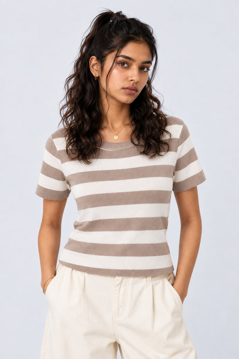 Womens Beige Striped T-Shirt - Image 2