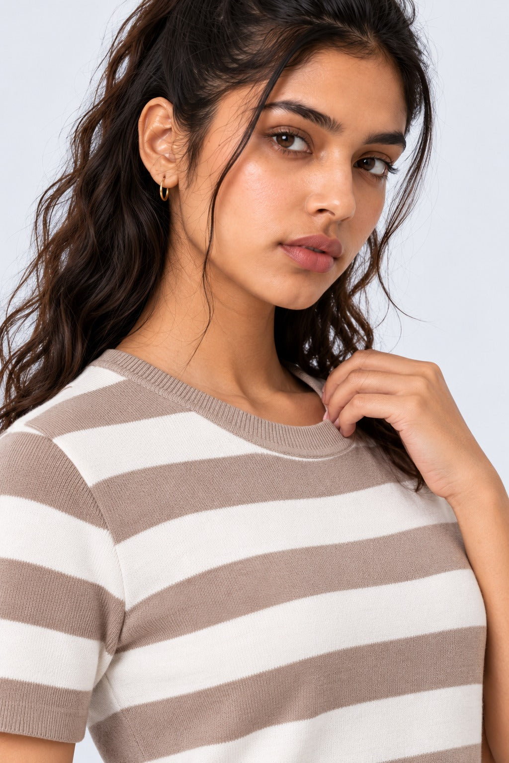 Womens Beige Striped T-Shirt - Image 3