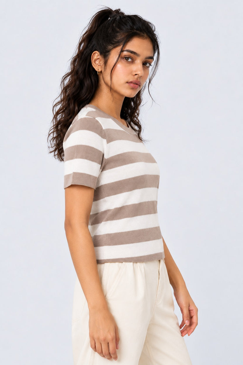Womens Beige Striped T-Shirt - Image 4