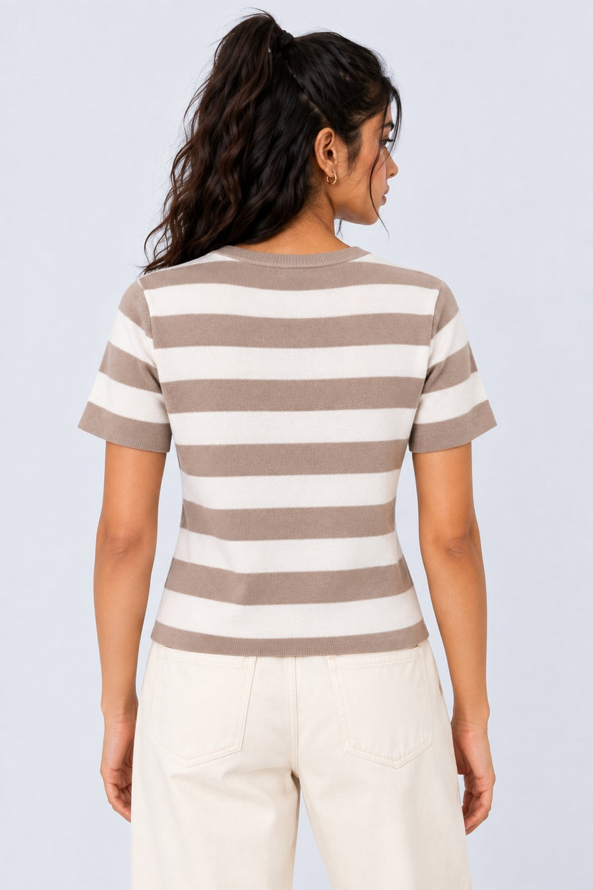 Womens Beige Striped T-Shirt - Image 5