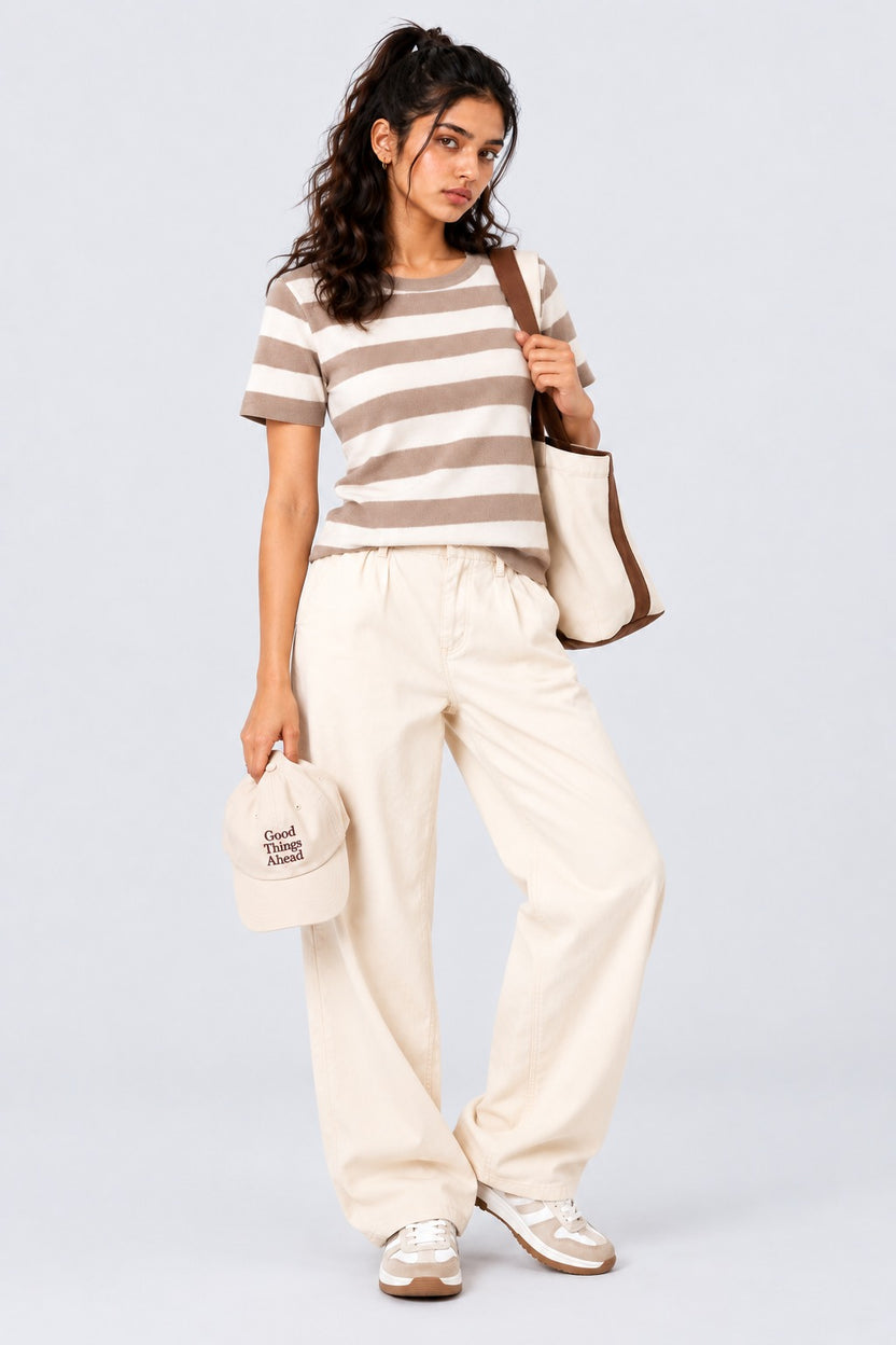 Womens Beige Striped T-Shirt - Image 6