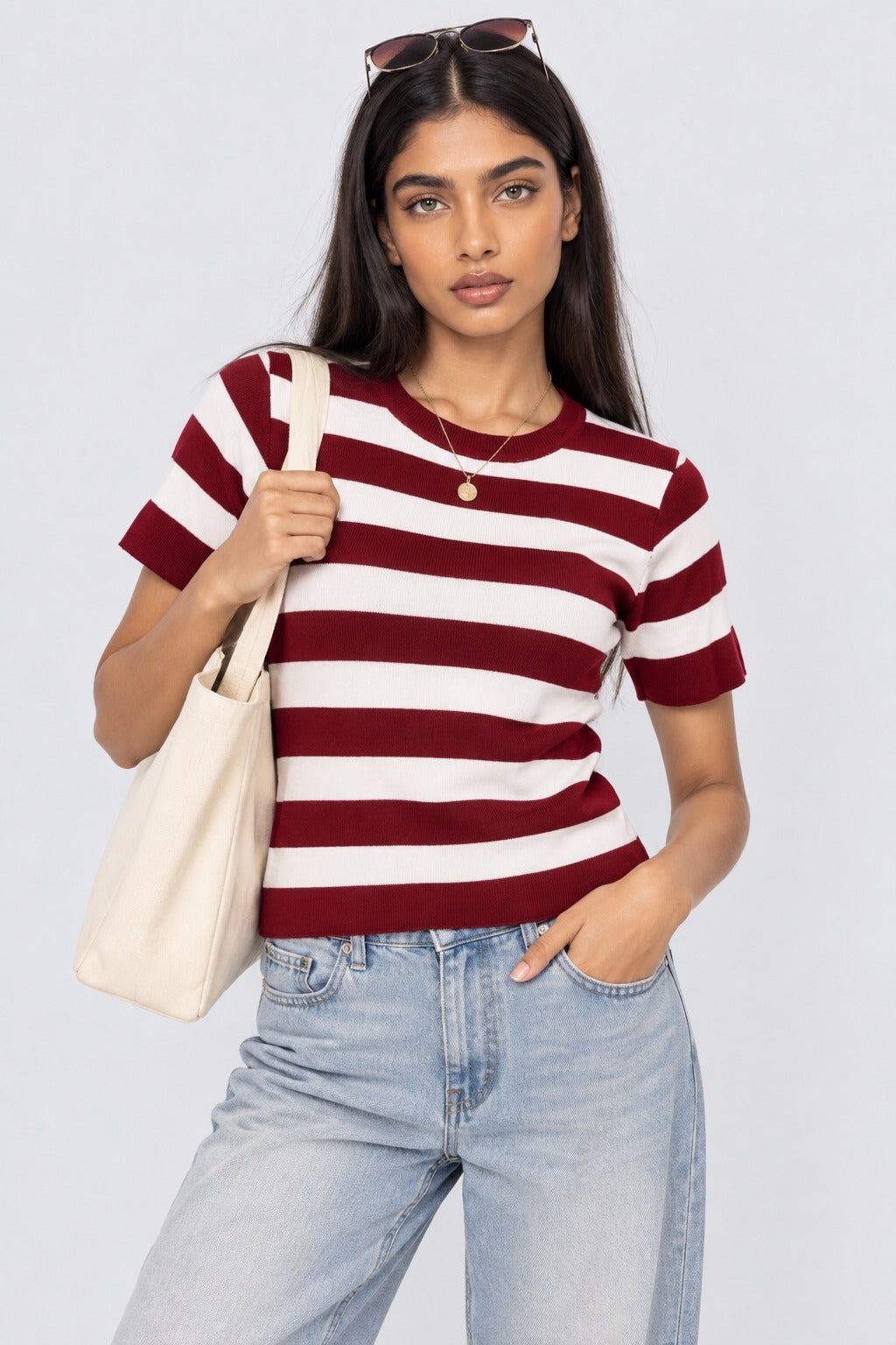 Womens Red Striped T-Shirt - Image 1