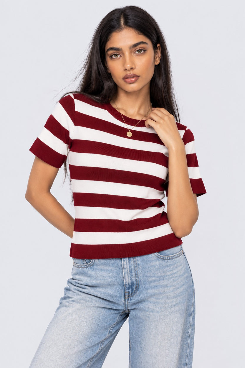 Womens Red Striped T-Shirt - Image 2