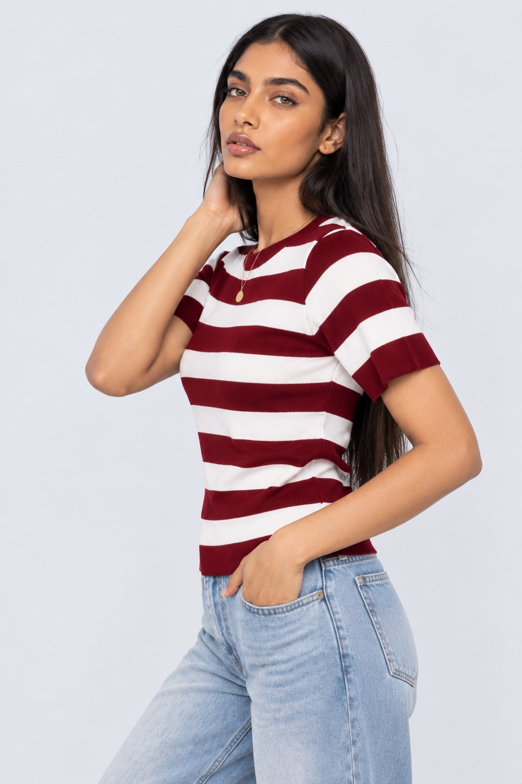 Womens Red Striped T-Shirt - Image 4