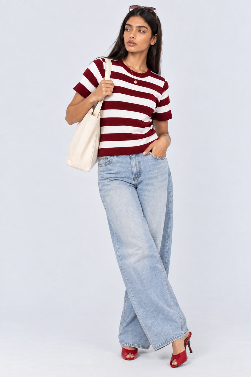 Womens Red Striped T-Shirt - Image 6