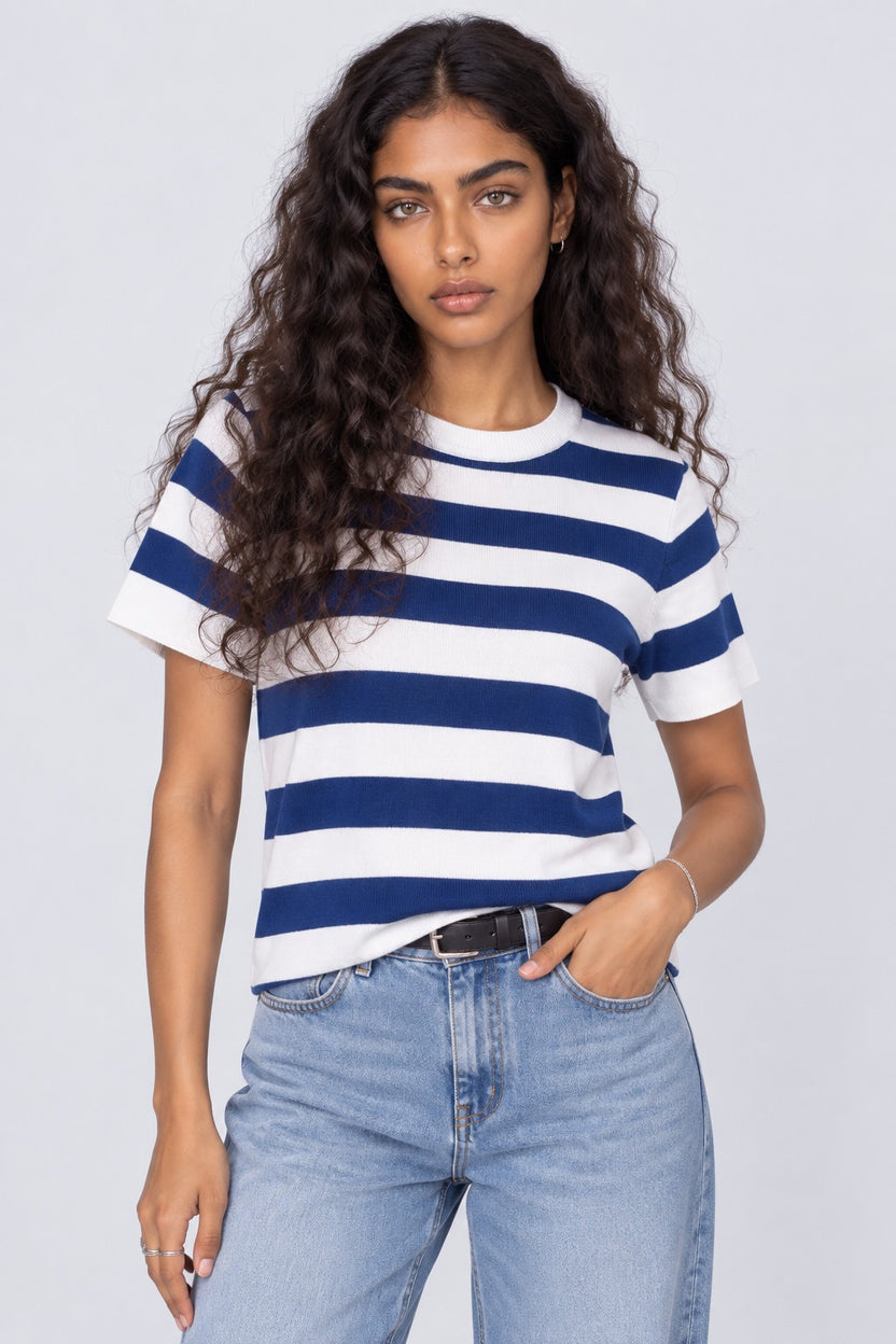 Womens Blue Striped T-Shirt - Image 2