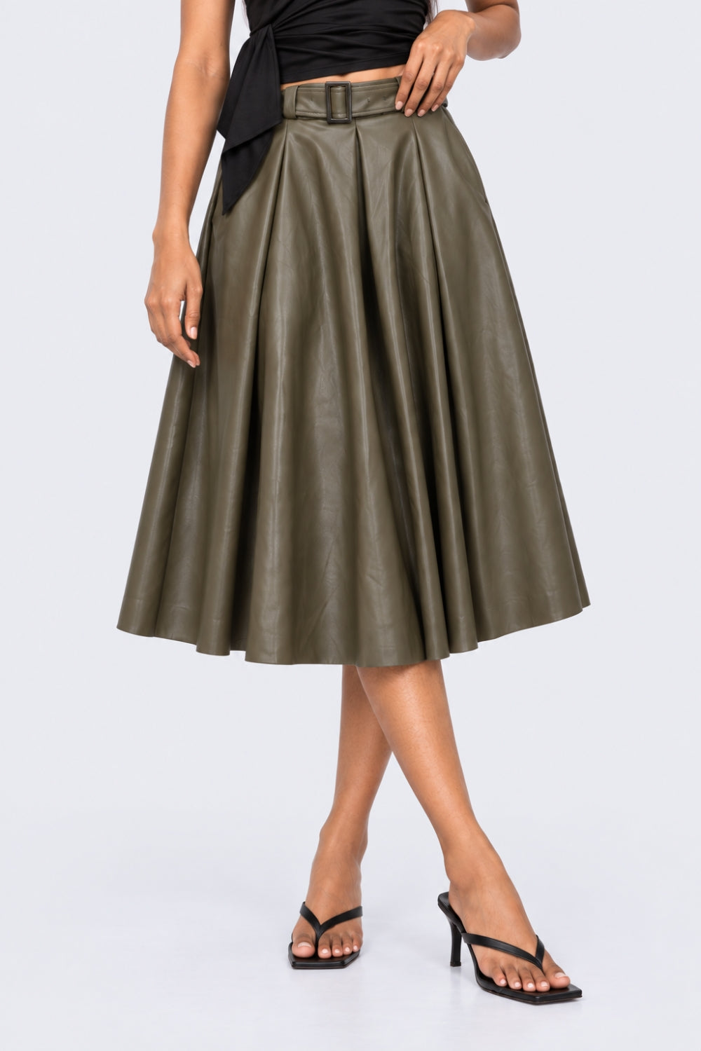 Women Olive Belted Midi Skirt - Image 1