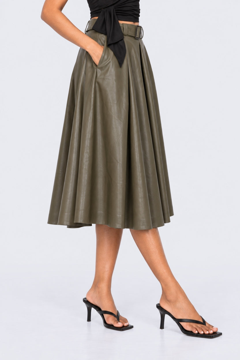 Women Olive Belted Midi Skirt - Image 2