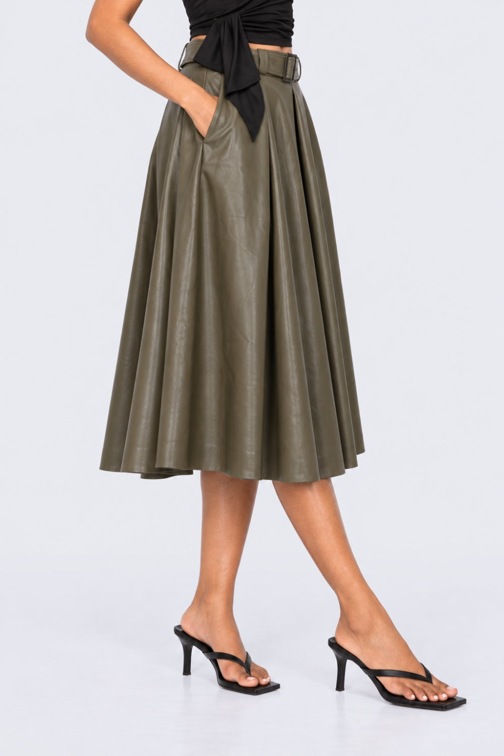 Women Olive Belted Midi Skirt - Image 2