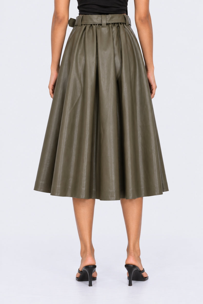 Women Olive Belted Midi Skirt - Image 4
