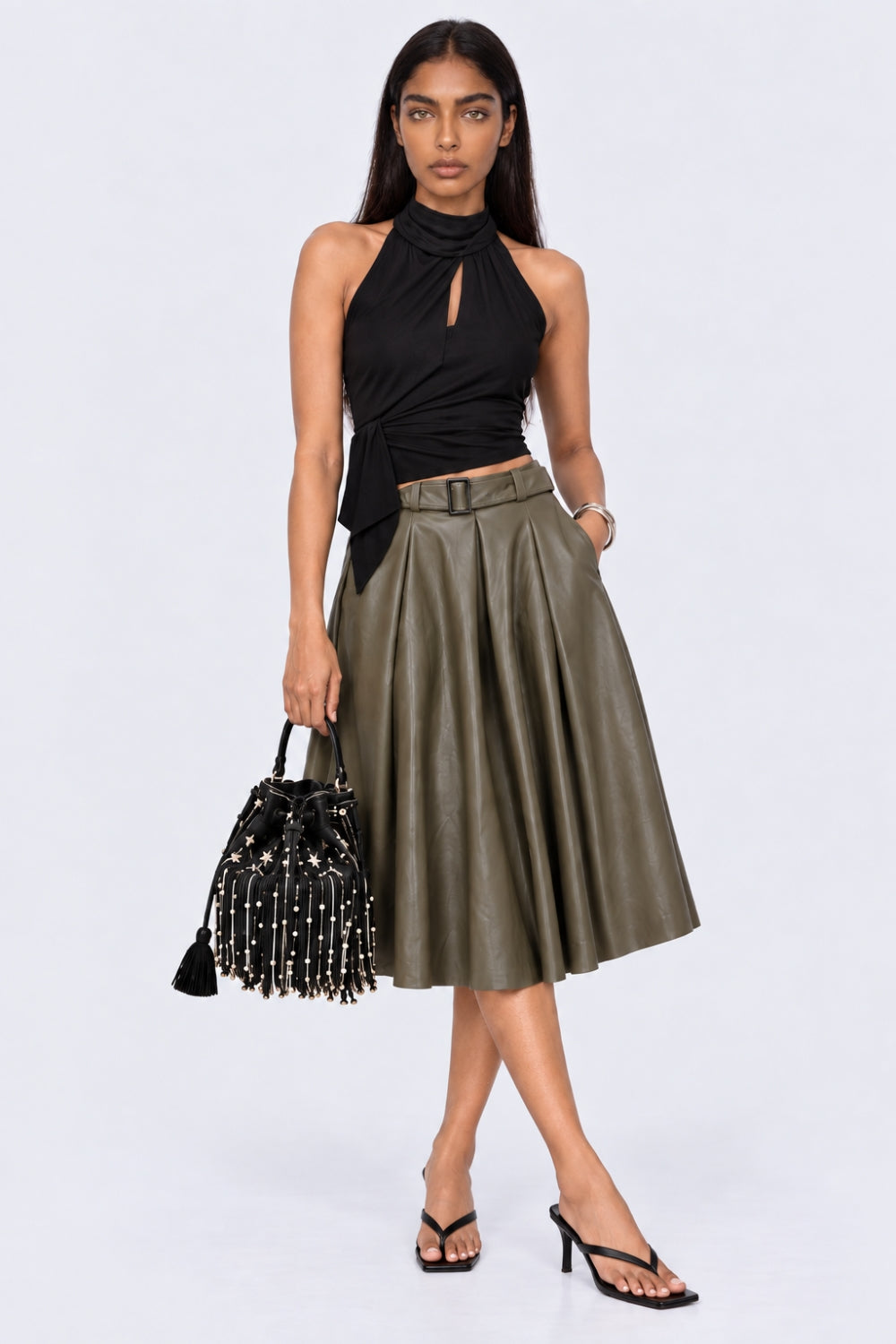 Women Olive Belted Midi Skirt - Image 5