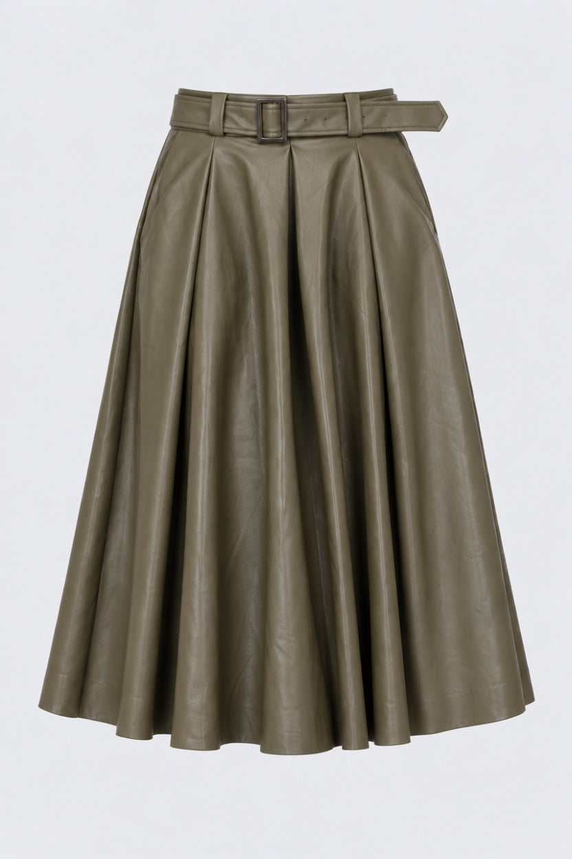 Women Olive Belted Midi Skirt - Image 6