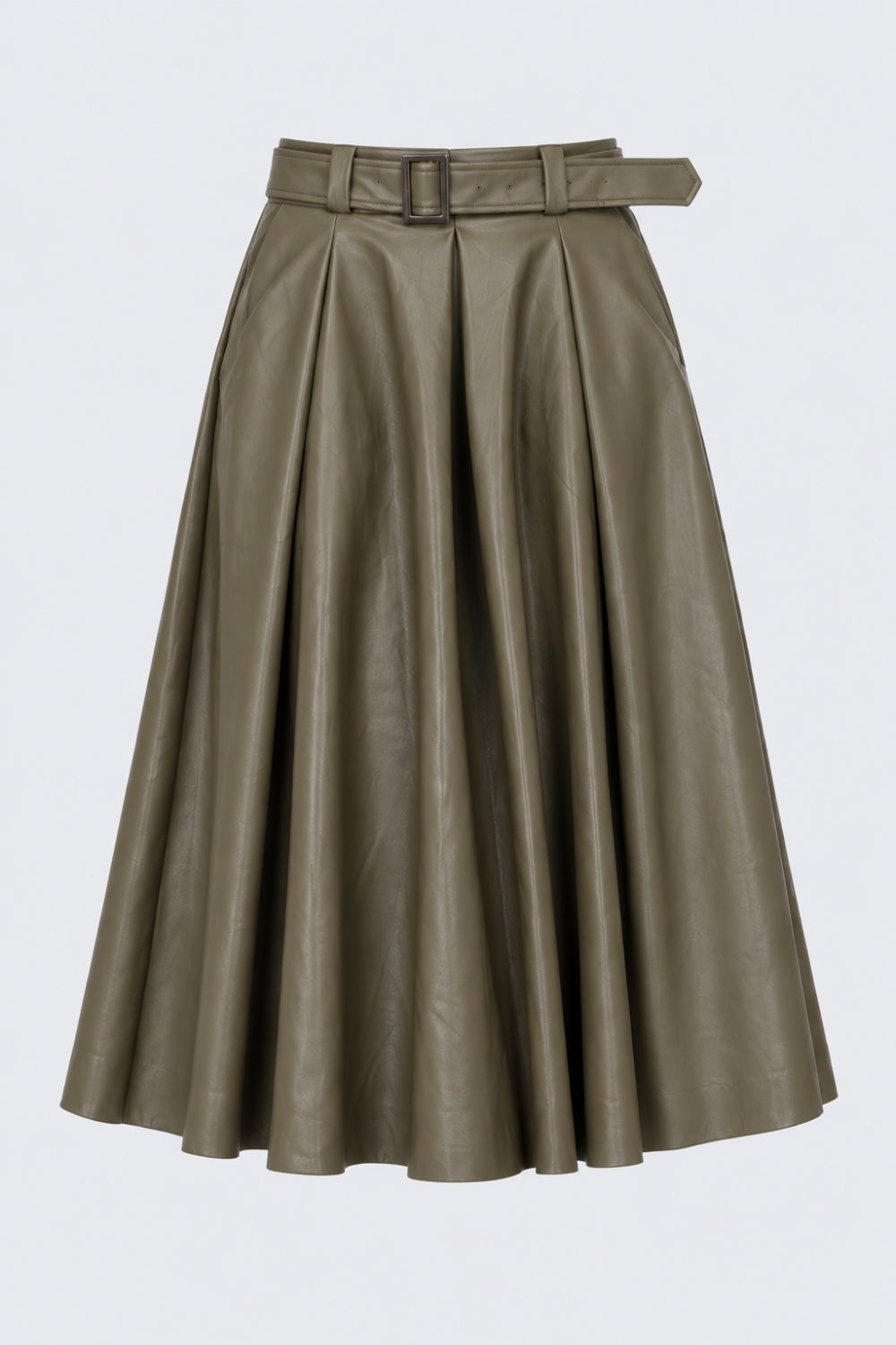 Women Olive Belted Midi Skirt - Image 6