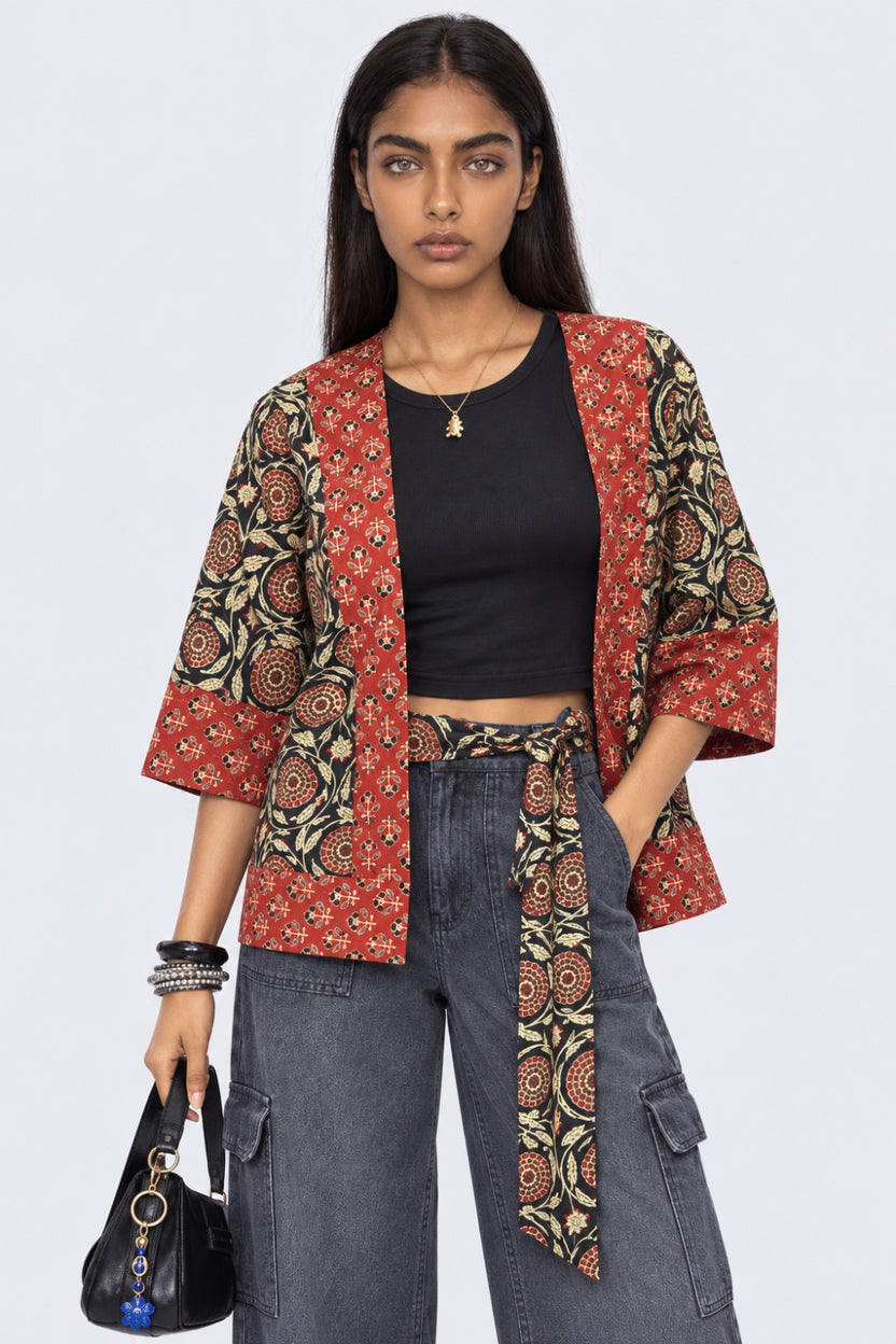 Womens Red Printed Open Front Shrug - Image 1