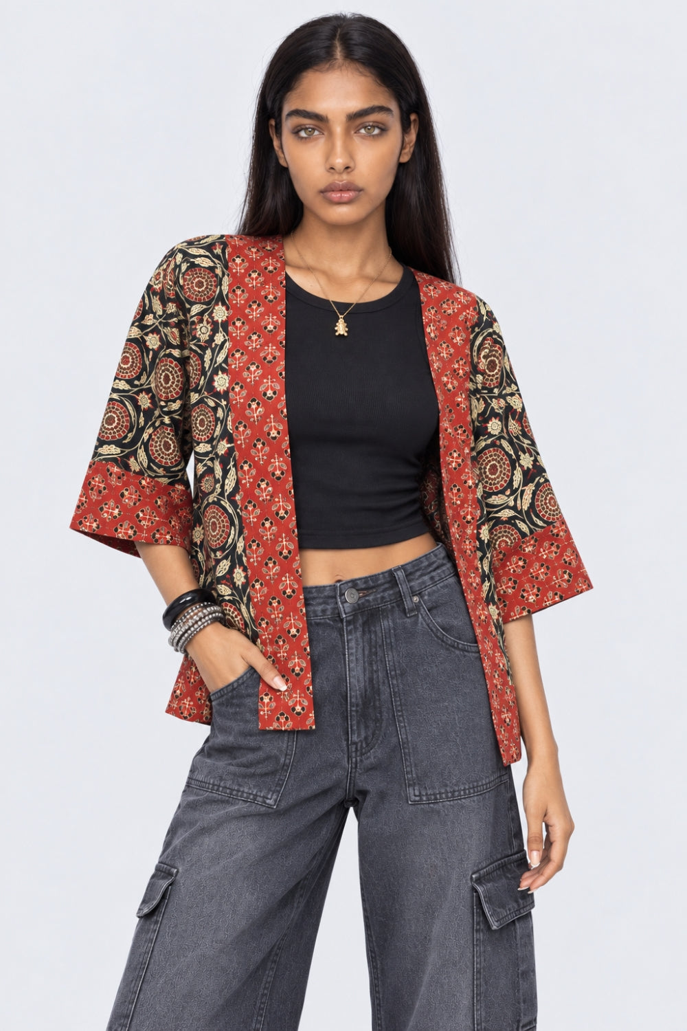 Womens Red Printed Open Front Shrug - Image 2