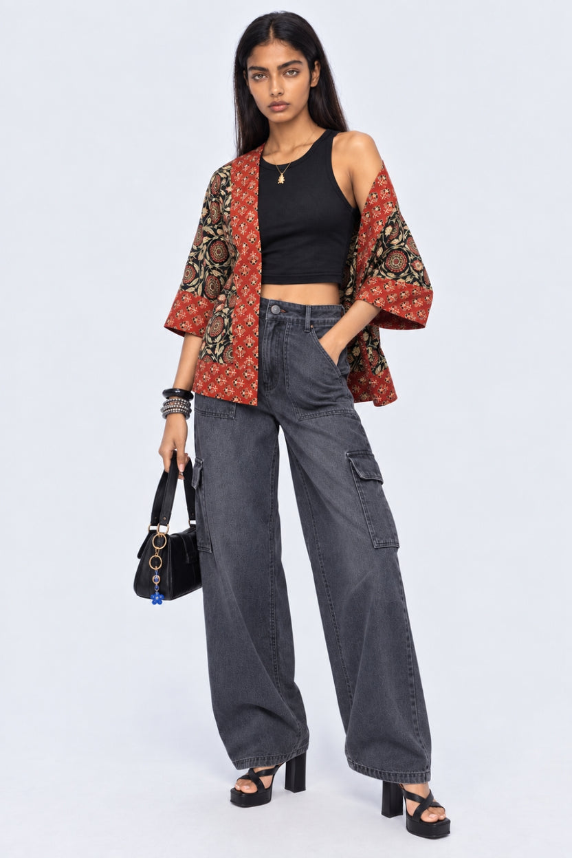 Womens Red Printed Open Front Shrug - Image 6