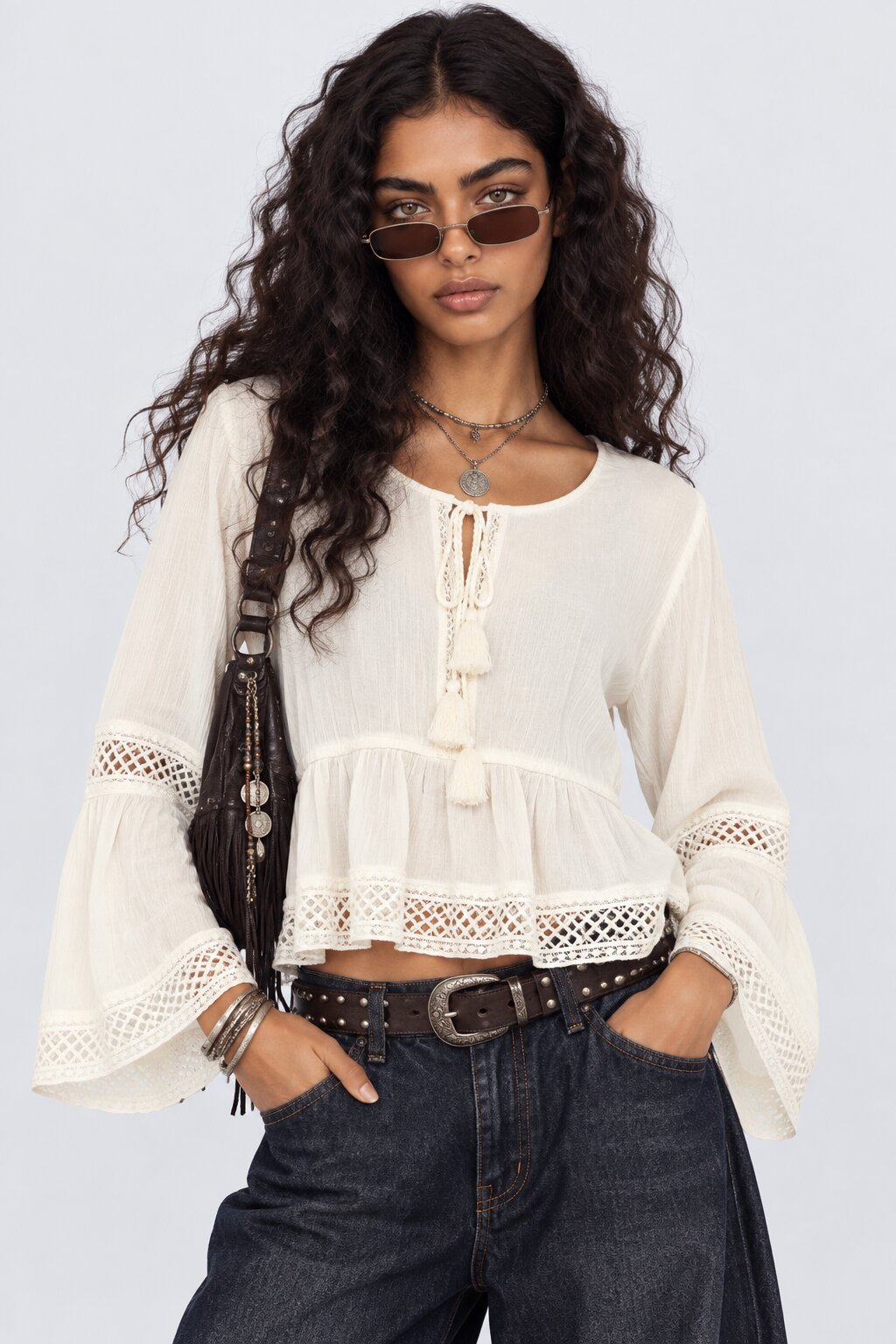 Womens Regular Fit Tassel Tie Peplum Top - Image 1