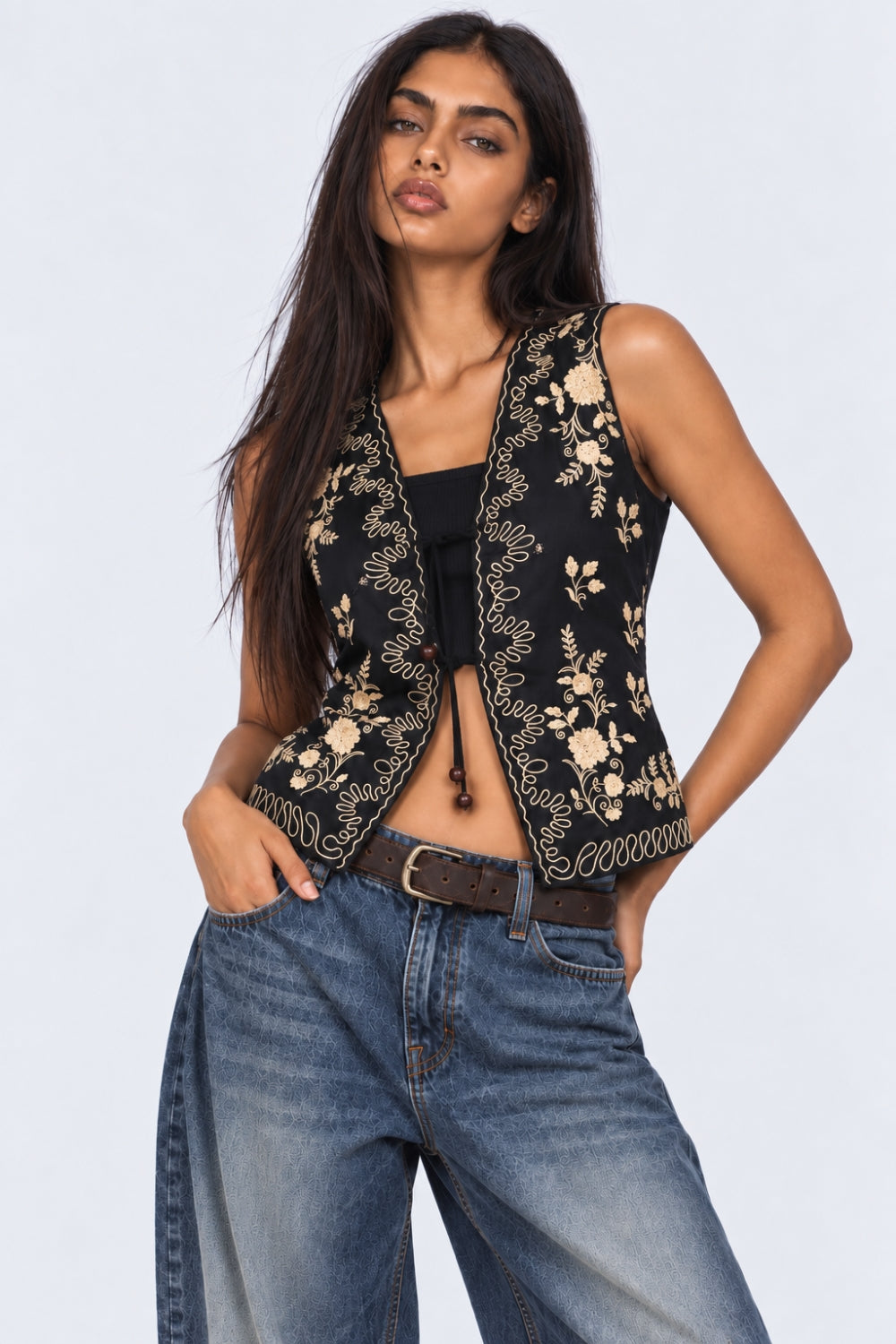 Womens Black Embroidered Tie Front Waist Coat - Image 2