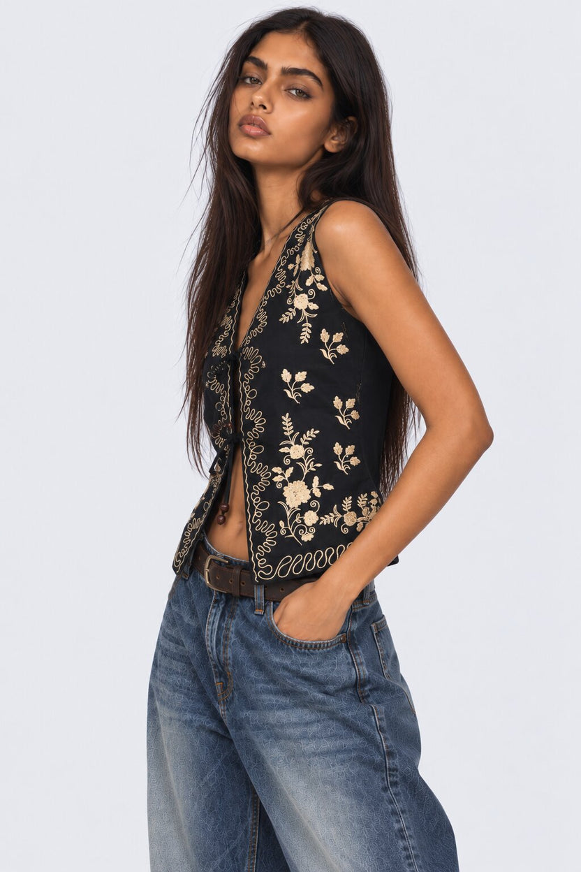 Womens Black Embroidered Tie Front Waist Coat - Image 4