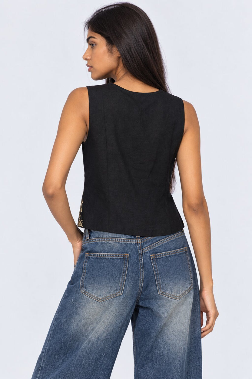 Womens Black Embroidered Tie Front Waist Coat - Image 5