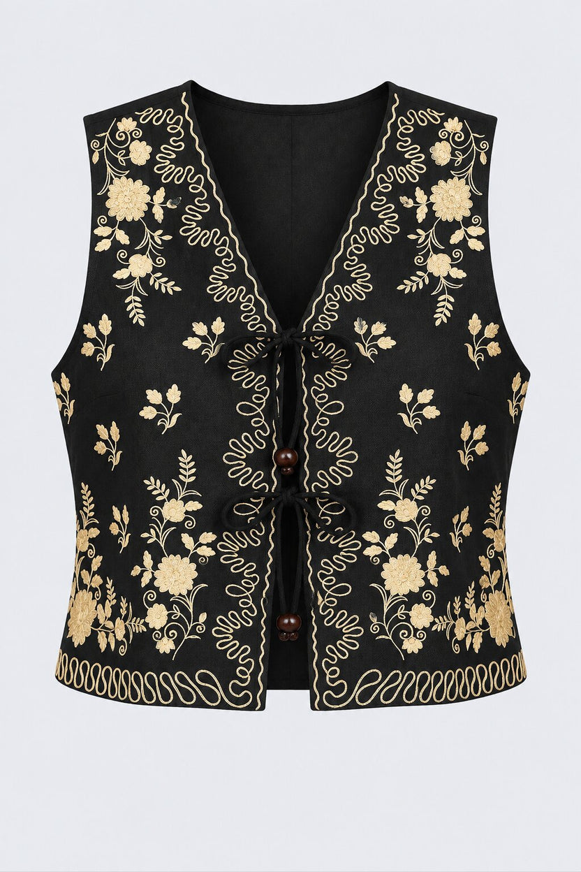 Womens Black Embroidered Tie Front Waist Coat - Image 7