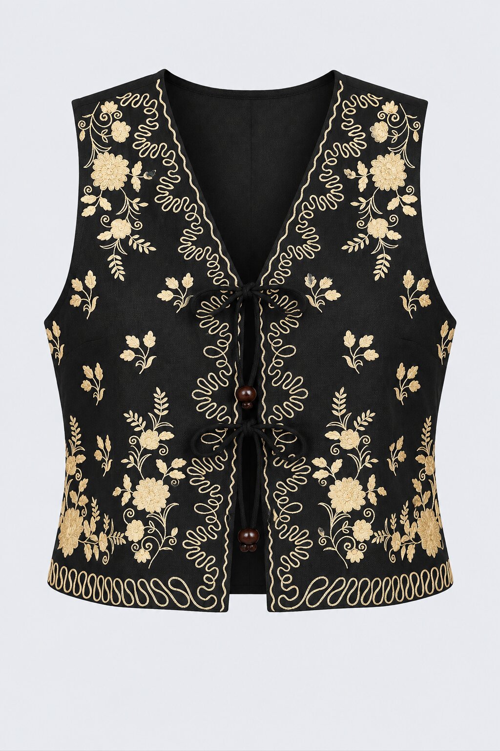 Womens Black Embroidered Tie Front Waist Coat - Image 7