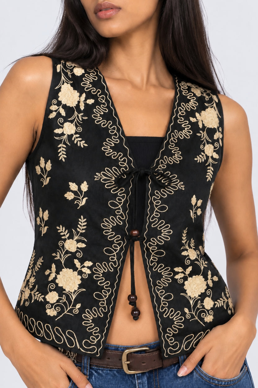 Womens Black Embroidered Tie Front Waist Coat - Image 8