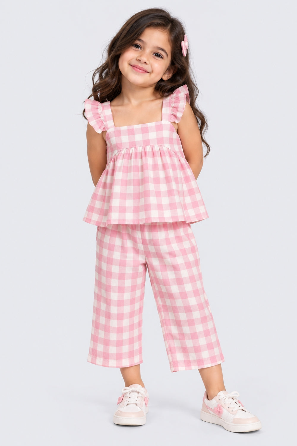 Girls Pink Regular Fit Checked Co-Ord Set - Image 1
